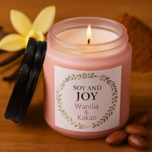 świeca sojowa wanilia kakao w szklanym różowym słoiczku z nakrętką
